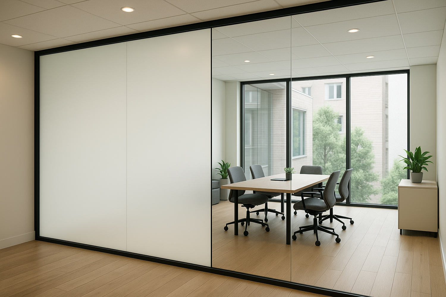 en live bild som går från dimmigt glas till genomskilnigt glas på ett kontor